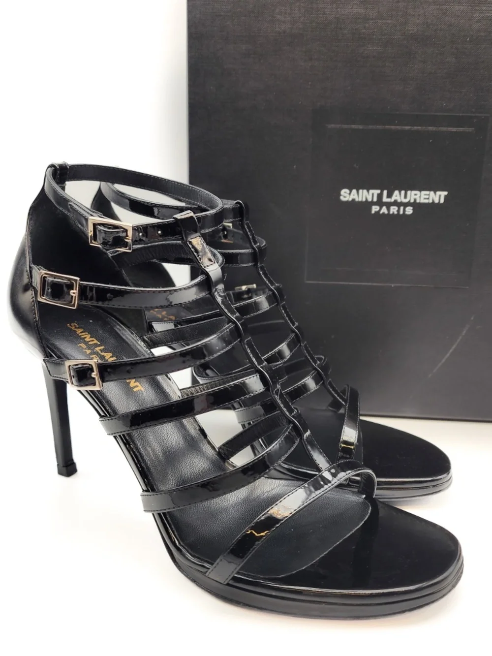 Saint Laurent Strappy Buckle Black Patent Leather Heels EU 37.5
